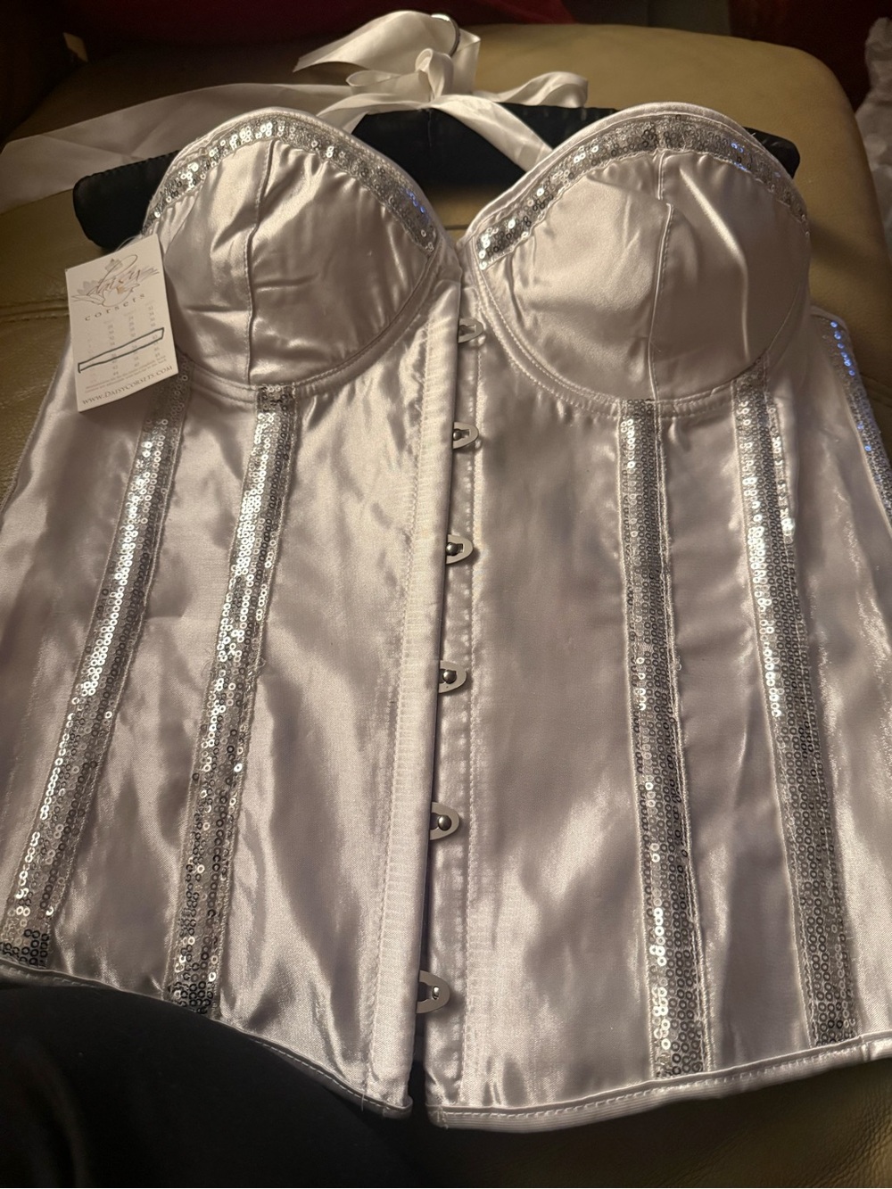 Daisy Corsets Silver Sequin and Pearl Satin Bustier Corset Top